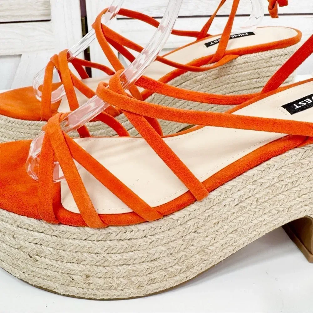 Nine West Riplee Platform Espadrille Ankle Wrap Strappy Sandals Orange 8.5
